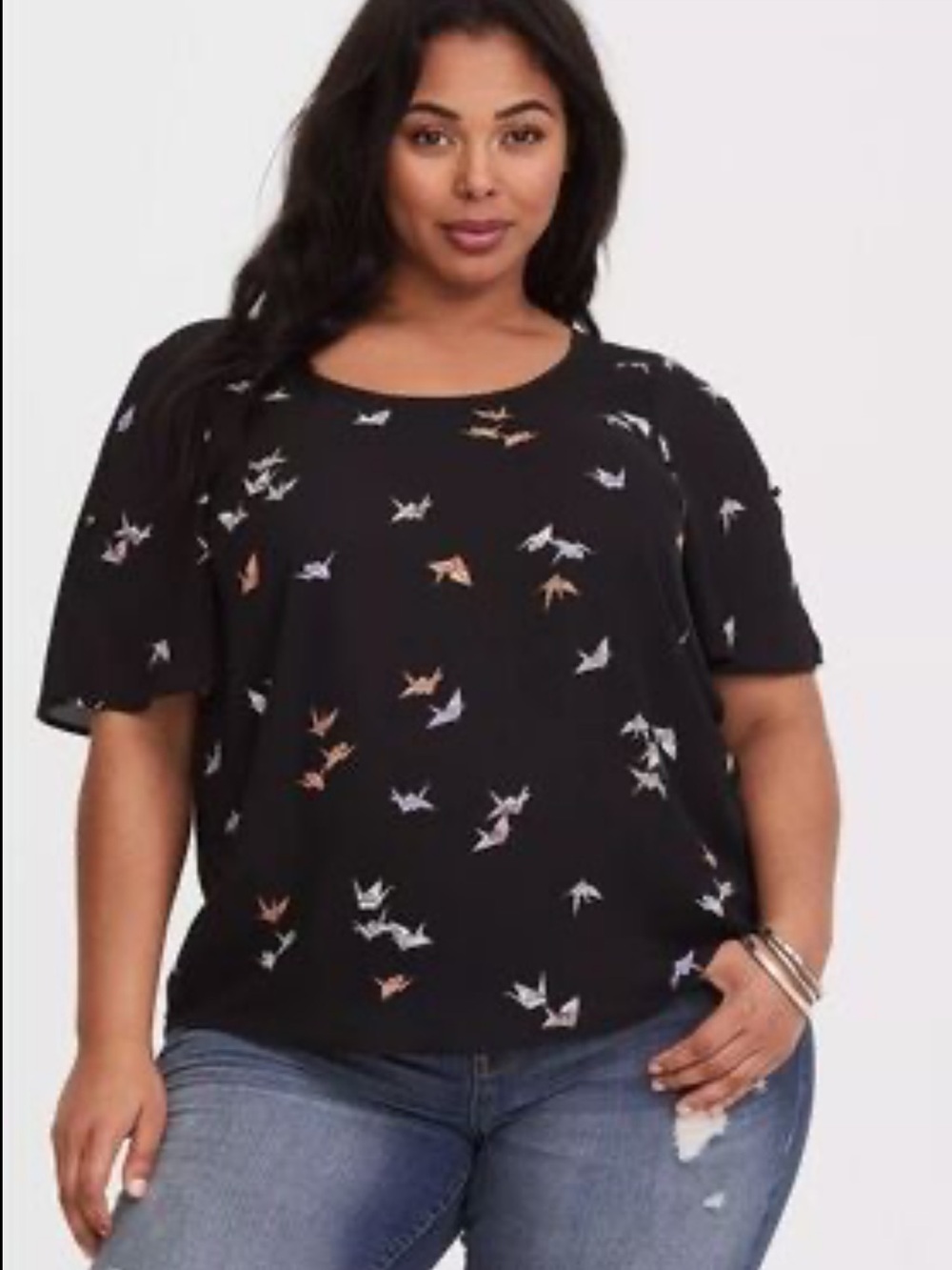 Torrid Black Short Sleeve Baby Doll Top with Crane Print Size 2X
